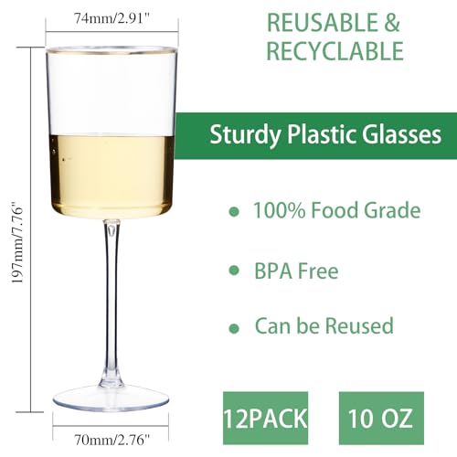Ciaell 12 Pack Plastic Wine Glasses 10 Oz Plastic Wine Glasses with Stem Gold Rim Disposable Cups for Parties Weddings Poolside Toasting Outdoors - Image 5