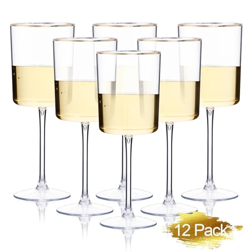 Ciaell 12 Pack Plastic Wine Glasses 10 Oz Plastic Wine Glasses with Stem Gold Rim Disposable Cups for Parties Weddings Poolside Toasting Outdoors - Image 2