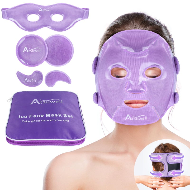 Atsuwell Cooling Ice Face Eye Mask Set for Dark Circles and Puffiness 6 Gel Cold Packs for Face Eyes Soft Plush Lining Ice Pads Cold Compress Relaxation Cool Bag Included
