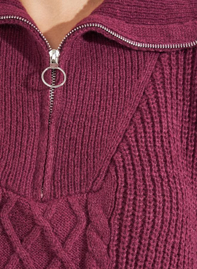 Styli Longline Cable Knit Sweater with Half Zip Detail