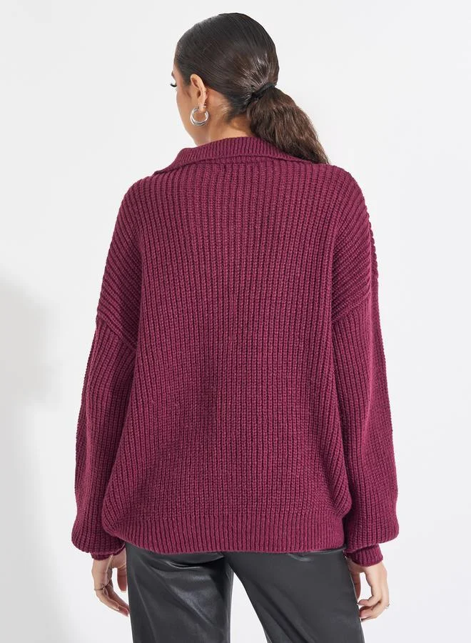 Styli Longline Cable Knit Sweater with Half Zip Detail