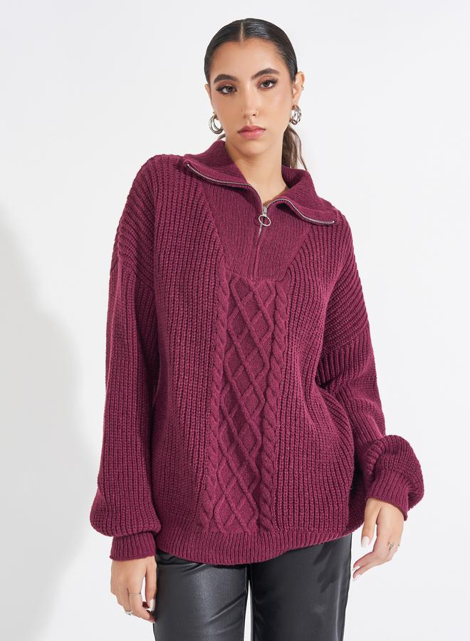 Styli Longline Cable Knit Sweater with Half Zip Detail - Image 1