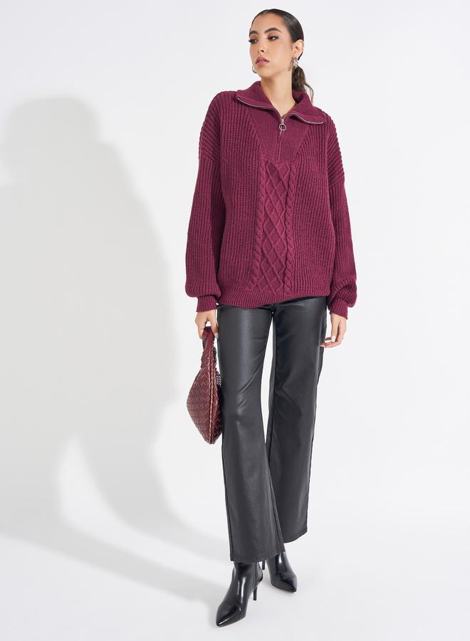 Styli Longline Cable Knit Sweater with Half Zip Detail - Image 2
