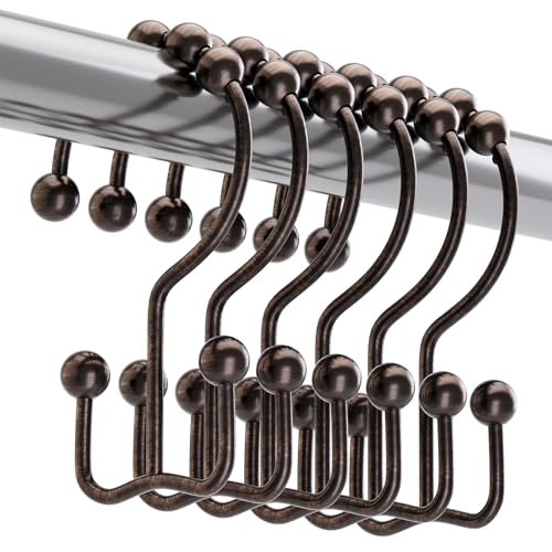Titanker Shower Curtain Hooks Rings, Rust-Resistant Metal Double Glide Shower Hooks for Bathroom Shower Rods Curtains, Set of 12 Hooks - Bronze - Image 1