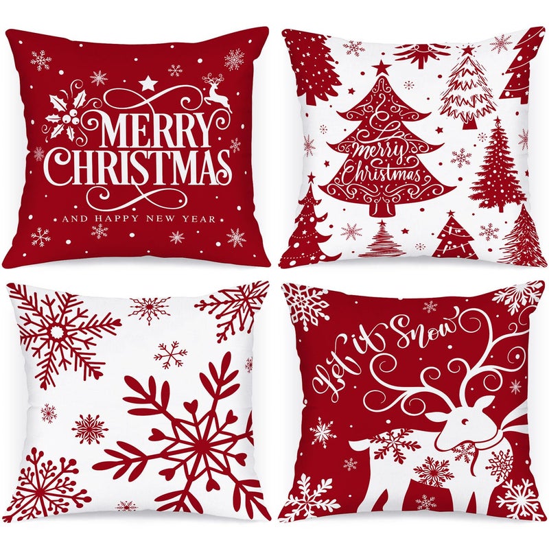 Lanpn White and Red 45x45 Christmas Pillow Covers Set of 4 Decorative 45 cm Winter Snowflake Throw Pillow Case Xmas Cushion Cover for Indoor House Sofa Red