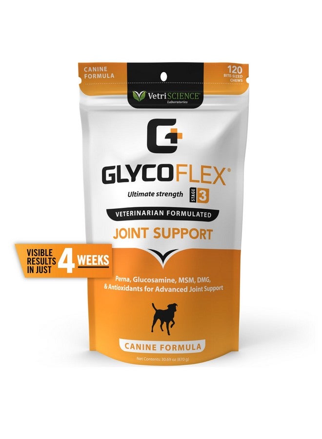 فيتري ساينس لابوراتوريز مكمل غذائي مثبت سريريًا للورك والمفاصل Glycoflex 3 للكلاب - مكمل غذائي قوي للغاية للكلاب مع الجلوكوزامين وميثيل سلفونيل ميثان وبلح البحر الأخضر ودي إم جي - 120 مضغة بنكهة الدجاج - Image 1