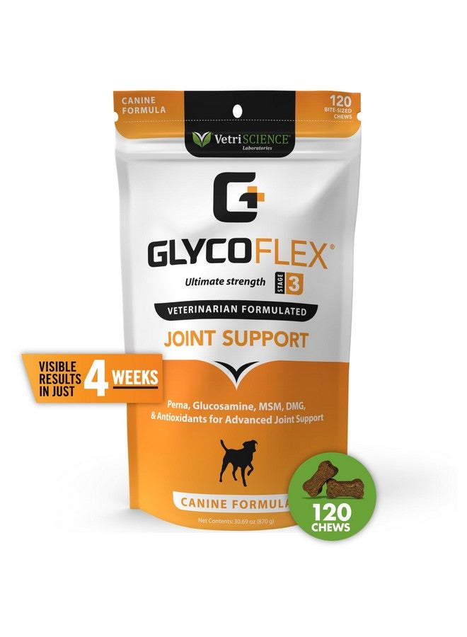 فيتري ساينس لابوراتوريز مكمل غذائي مثبت سريريًا للورك والمفاصل Glycoflex 3 للكلاب - مكمل غذائي قوي للغاية للكلاب مع الجلوكوزامين وميثيل سلفونيل ميثان وبلح البحر الأخضر ودي إم جي - 120 مضغة بنكهة الدجاج - Image 2