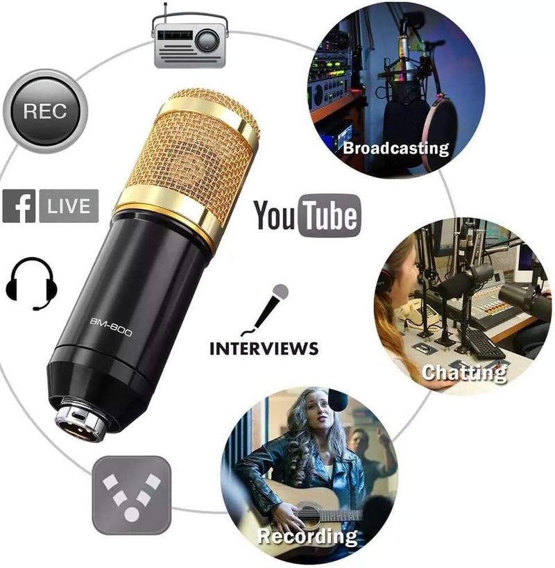 SOUVENIR BM800 Condenser Microphone Kit – Professional Studio Mic with Shock‑Mount, Dual Pop‑Filter, Foam Cap, XLR & 3.5 mm Cable – Ideal for Podcast, YouTube, Voice‑Over, PC (Gold) - Image 4