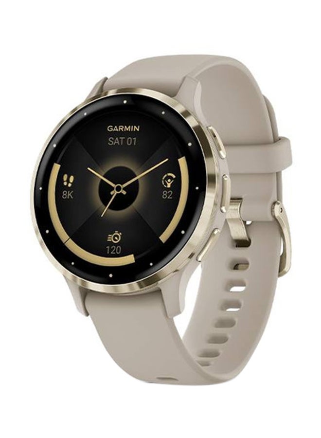 جارمين Garmin Venu3S إطار ذهبي ناعم من الفولاذ المقاوم للصدأ وغطاء رمادي فرنسي وسوار من السيليكون - Image 1
