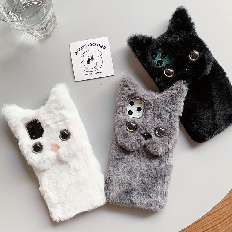 Black Plush Cat Phone Case For iPhone 11 Pro Max Shockproof Winter Warm Cute Cover - Image 2