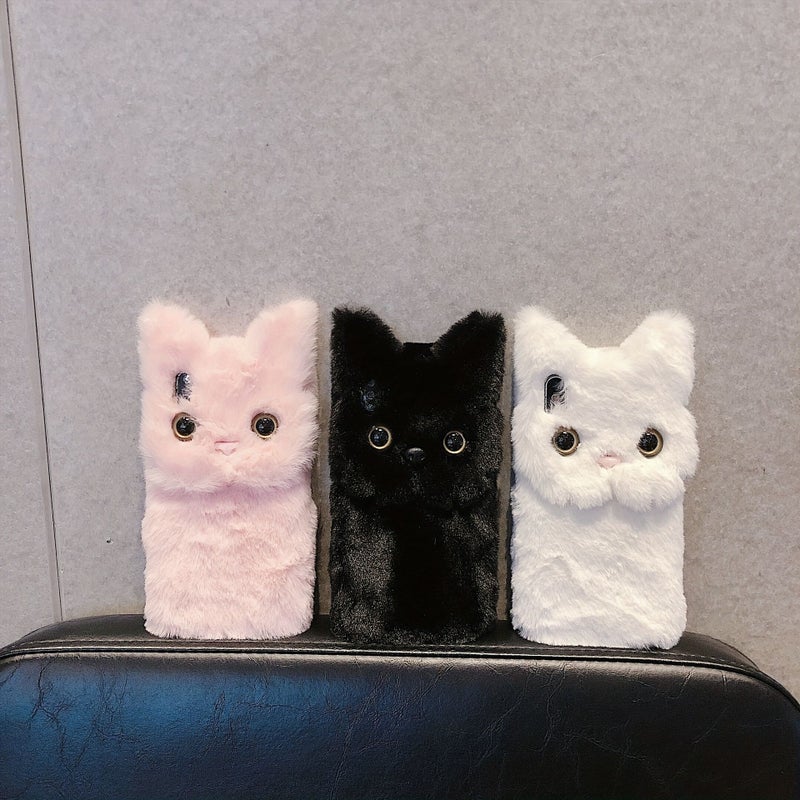 Black Plush Cat Phone Case For iPhone 11 Pro Max Shockproof Winter Warm Cute Cover - Image 3