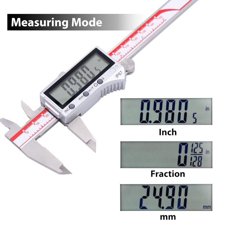VINCA IP67 Grade Bluetooth Digital Caliper, DIPA-0605B 0-6 Inch/150mm, Inch/Millimeter/Fraction Conversion, Stainless Steel, Large LCD Screen - Image 2