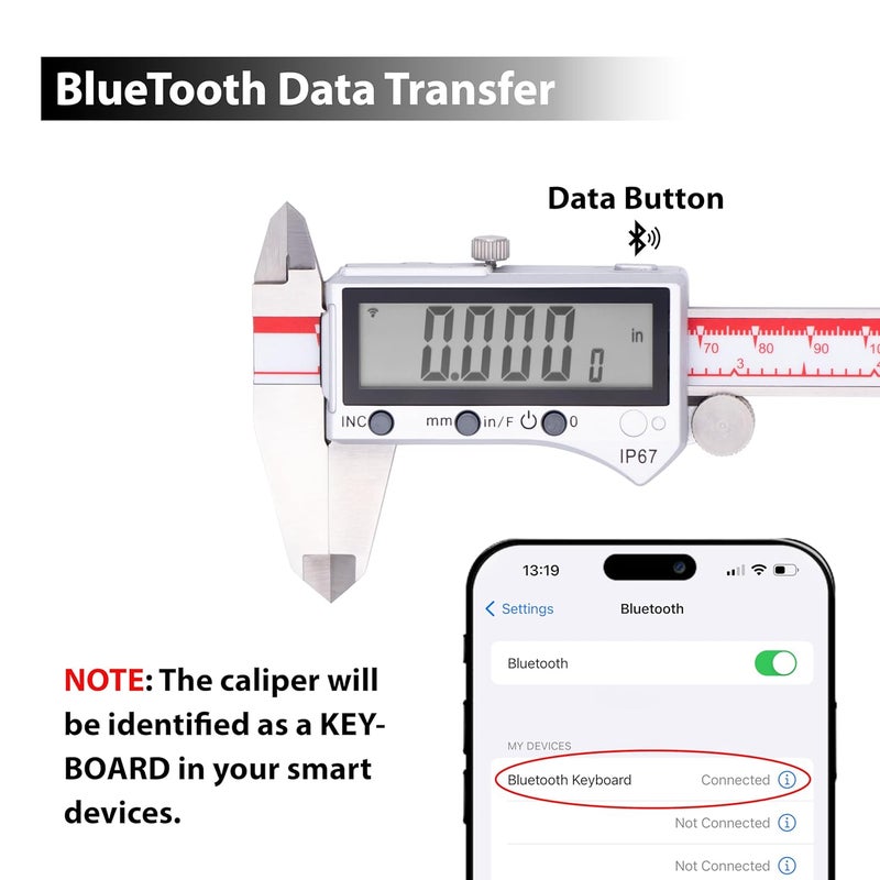 VINCA IP67 Grade Bluetooth Digital Caliper, DIPA-0605B 0-6 Inch/150mm, Inch/Millimeter/Fraction Conversion, Stainless Steel, Large LCD Screen - Image 5