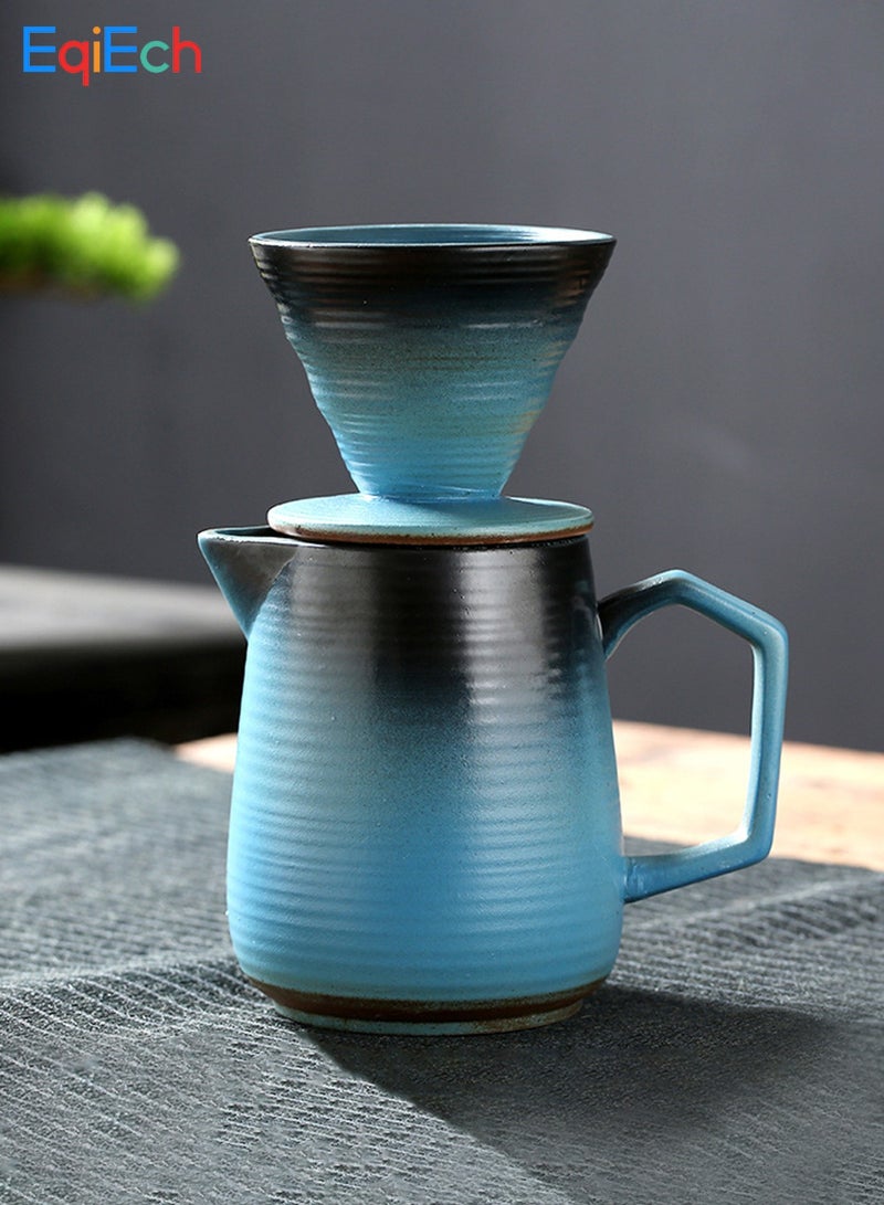 EqiEch V60 Pour Over Coffee Maker 2pcs, Ceramic Hand Brewing Coffee Maker, 16oz/480ml Pour Over Coffee Dripper and Coffee Pot 1-4 Cups(Blue) - Image 1