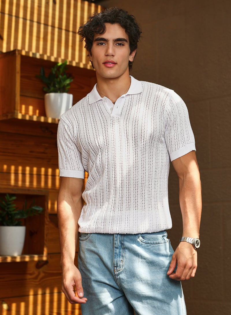 Campus Sutra Men's Chalk White Panelled-Knit Polo T-Shirt - Image 2