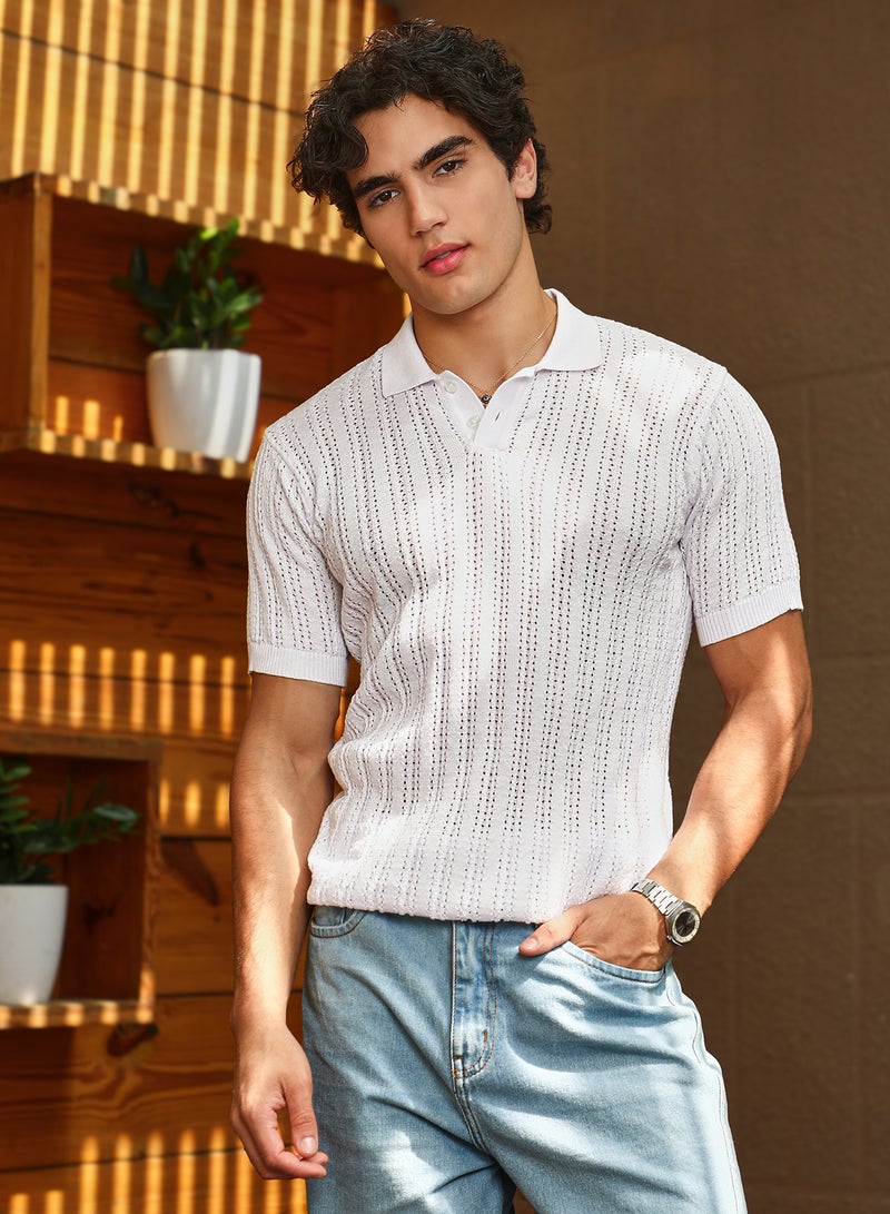 Campus Sutra Men's Chalk White Panelled-Knit Polo T-Shirt - Image 3