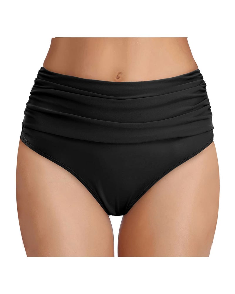 Tempt Me Women's Black High Waisted Bikini Bottom Tummy Control Ruched Bathing Suit Swim Bottom S - Image 1