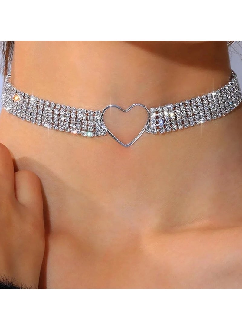 Huitich Rhinestone Choker Necklace with Heart Pendant Silver Alloy, 33cm + 26.6cm  - Image 3