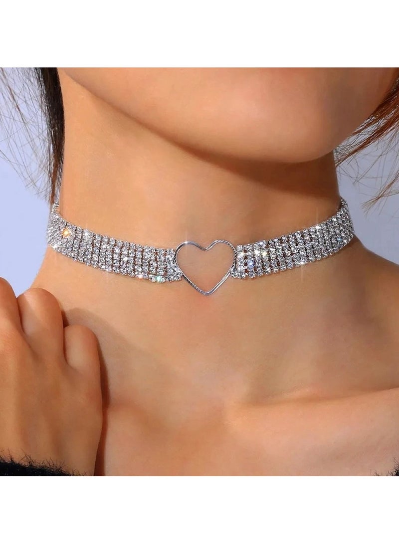 Huitich Rhinestone Choker Necklace with Heart Pendant Silver Alloy, 33cm + 26.6cm  - Image 4