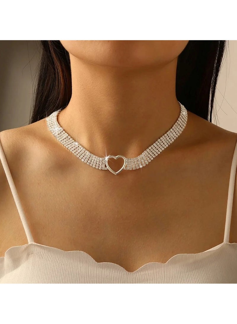 Huitich Rhinestone Choker Necklace with Heart Pendant Silver Alloy, 33cm + 26.6cm  - Image 2