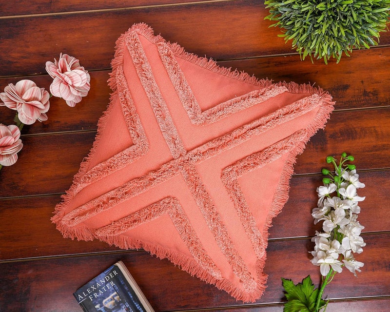 IMPEXART PVT LTD 24x24 Inches Cotton Orange Boho Shaggy Square Geometric Desgin Cushion Cover for Decor Couch Sofa Bedroom Living Room Farmhouse - Image 1