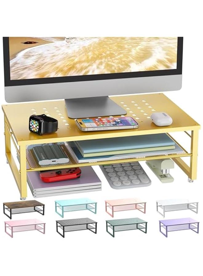 Arabest 2-Tier Metal Monitor Stand Riser, Desk Organizer for Monitor, Office Desk Storage Organizer for Office Supplies (Gold) - Image 1