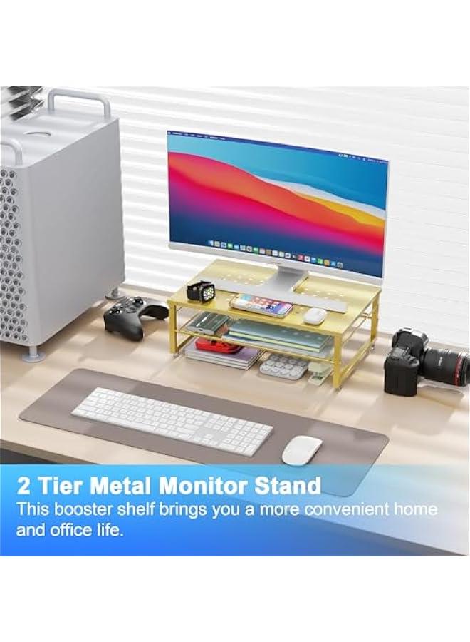 Arabest 2-Tier Metal Monitor Stand Riser, Desk Organizer for Monitor, Office Desk Storage Organizer for Office Supplies (Gold) - Image 2