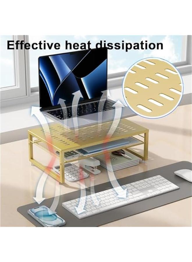 Arabest 2-Tier Metal Monitor Stand Riser, Desk Organizer for Monitor, Office Desk Storage Organizer for Office Supplies (Gold) - Image 3