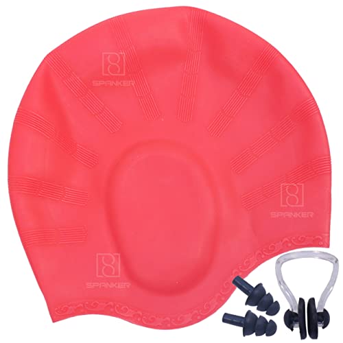 Spanker Unisex Swim Cap with 3D Ear Protection, Durable Flexible Silicone Swimming Hat for Short/Long Hair with Ear Plugs&Nose Clip, Red SSTP - Image 1