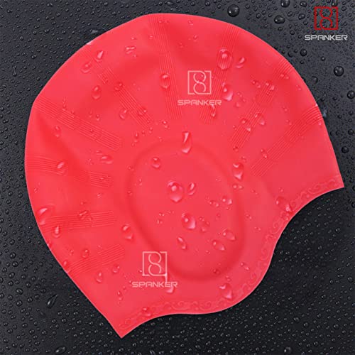 Spanker Unisex Swim Cap with 3D Ear Protection, Durable Flexible Silicone Swimming Hat for Short/Long Hair with Ear Plugs&Nose Clip, Red SSTP - Image 3