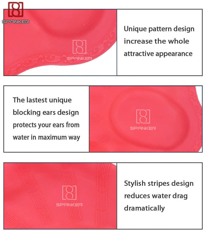 Spanker Unisex Swim Cap with 3D Ear Protection, Durable Flexible Silicone Swimming Hat for Short/Long Hair with Ear Plugs&Nose Clip, Red SSTP - Image 2