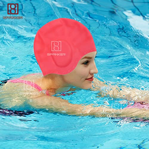 Spanker Unisex Swim Cap with 3D Ear Protection, Durable Flexible Silicone Swimming Hat for Short/Long Hair with Ear Plugs&Nose Clip, Red SSTP - Image 4