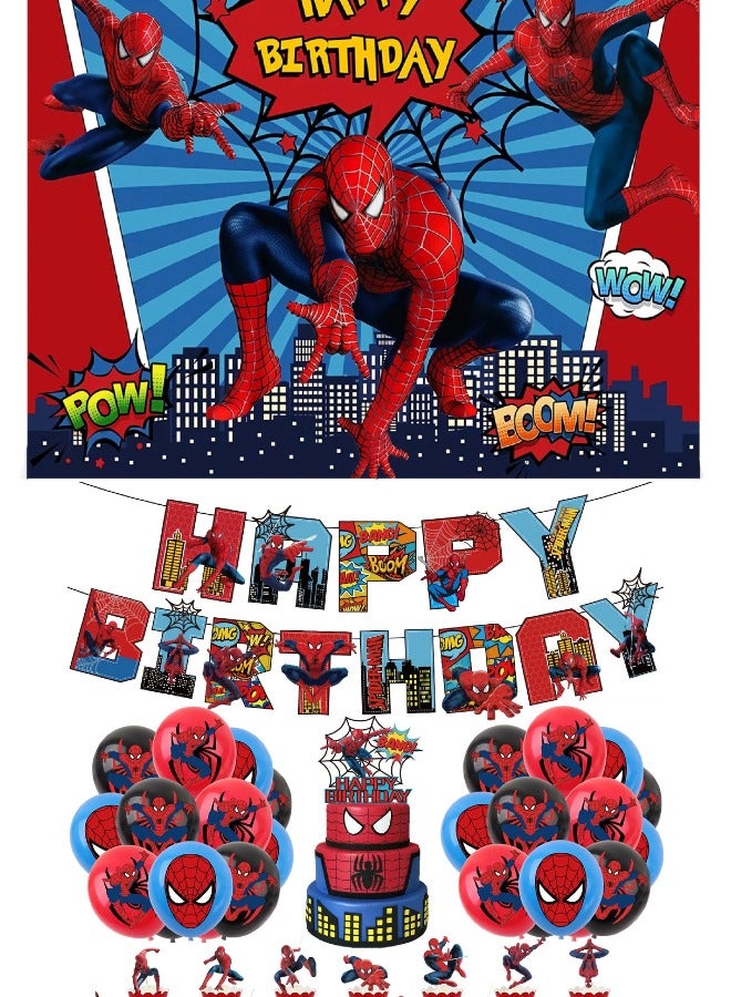 36-piece Set Of Spiderman Theme Suit Birthday Party Balloons PartySupplies Including Spiderman Background Cloth (Size 150cmx100cm) - Image 1