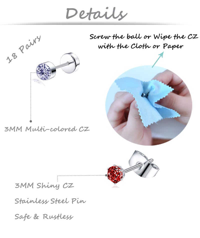 Tornito 20G 18 Pairs Stainless Steel Multicolor CZ Stud Earrings Set Piercing Cartilage Helix Earrings Set Screwback for Women 3MM-5MM - Image 2