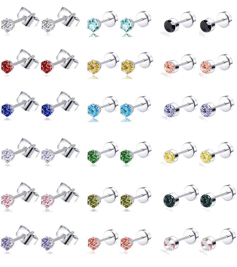 Tornito 20G 18 Pairs Stainless Steel Multicolor CZ Stud Earrings Set Piercing Cartilage Helix Earrings Set Screwback for Women 3MM-5MM - Image 1