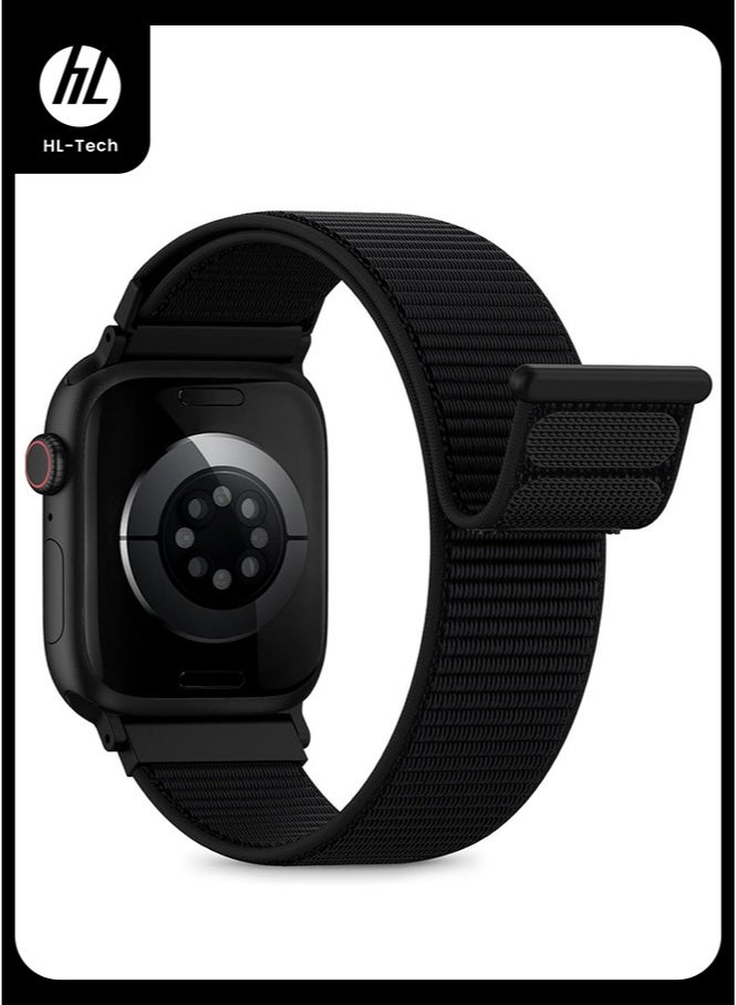 HL-Tech Breathable Nylon Loop Sport Band for Apple Watch 42mm/44mm/45mm/46mm/49mm – Adjustable Lightweight Strap Compatible with iWatch Ultra 2, SE, Series 10/9/8/7, Sweatproof Replacement Band for Men & Women (Black) - Image 1