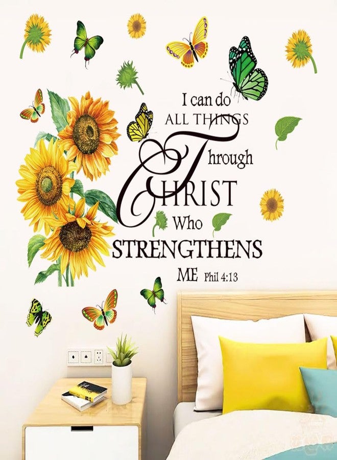 Datesno Black Sunflower Butterfly Christian Wall Decal, Floral Wall Sticker, Motivational Quote, Scripture Wall Art, Indoor Use, PVC Material, Single Use, Polished Finish, Wall Surface - Image 1