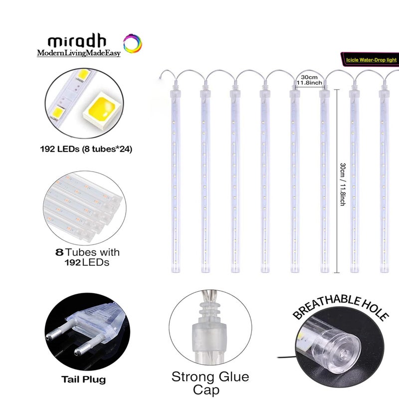MIRADH Rain Drop LED Meteor Shower 192 LEDs 8 Tubes (11.8") | Icicle Falling Effect for Diwali, Christmas, New Year, Home & Outdoor Decoration, Balcony, Tree, Party Decor (Multicolor) - Image 3