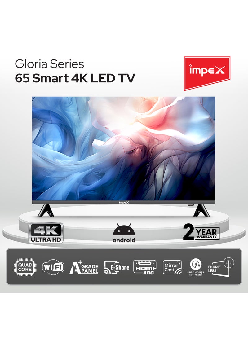 إمبكس تلفزيون LED ذكي 65 بوصة UHD 4K - أندرويد، معالج رباعي، تصميم بدون إطار، لوحة A+، واي فاي، 3 منافذ HDMI، منفذين USB، DVB-T2، RJ45، دقة 3840x2160، توفير ذكي للطاقة، ضمان سنتين - Gloria 65 UHD Smart - أسود GLORIA 65 UHD SMART أسود - Image 2