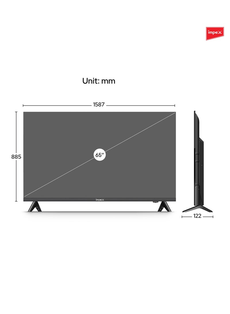 إمبكس تلفزيون LED ذكي 65 بوصة UHD 4K - أندرويد، معالج رباعي، تصميم بدون إطار، لوحة A+، واي فاي، 3 منافذ HDMI، منفذين USB، DVB-T2، RJ45، دقة 3840x2160، توفير ذكي للطاقة، ضمان سنتين - Gloria 65 UHD Smart - أسود GLORIA 65 UHD SMART أسود - Image 3