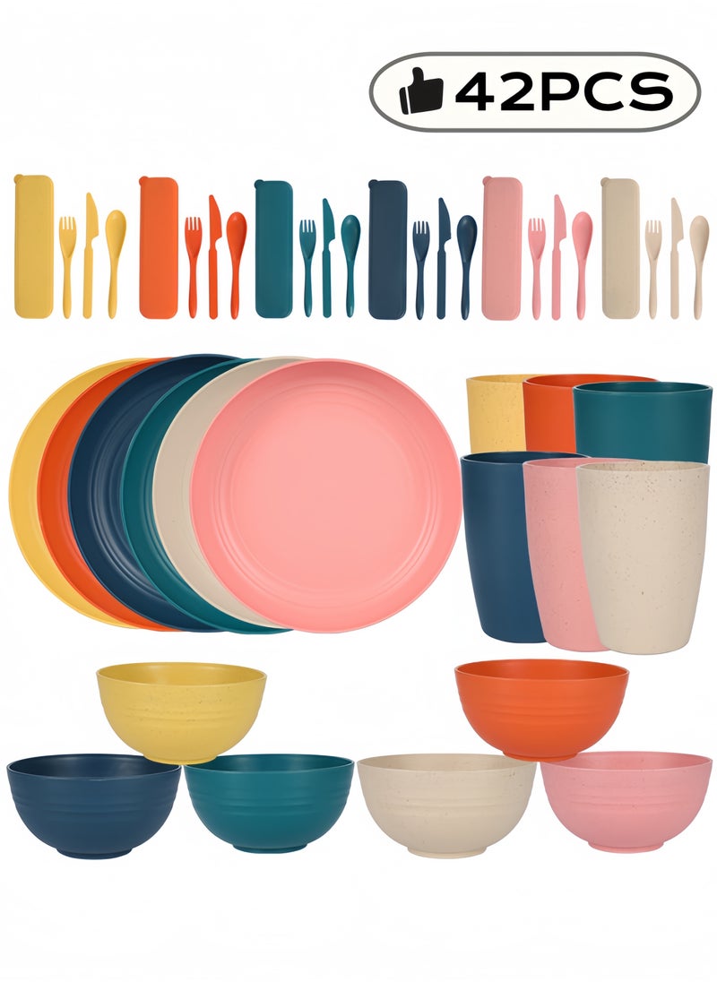 nihao 42-piece Dinner Set, Wheat Straw 6 Inch Bowls, 9 Inch Round Plates, 5.5 Inch Square Plate, 3.15 Inch Cups, Cutlery, Dinnerware Set, Service for 8, Dinner Plates, Dessert Plate, Cereal Bowls, Cups, Unbreakable Colorful Plastic Outdoor Camping Dishes, Coastal Multicolor  - Image 1