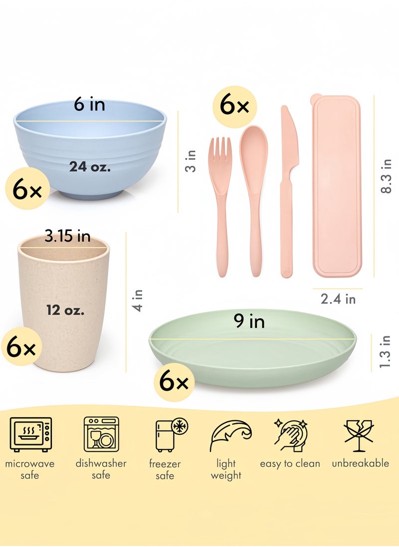 nihao 42-piece Dinner Set, Wheat Straw 6 Inch Bowls, 9 Inch Round Plates, 5.5 Inch Square Plate, 3.15 Inch Cups, Cutlery, Dinnerware Set, Service for 8, Dinner Plates, Dessert Plate, Cereal Bowls, Cups, Unbreakable Colorful Plastic Outdoor Camping Dishes, Coastal Multicolor  - Image 2