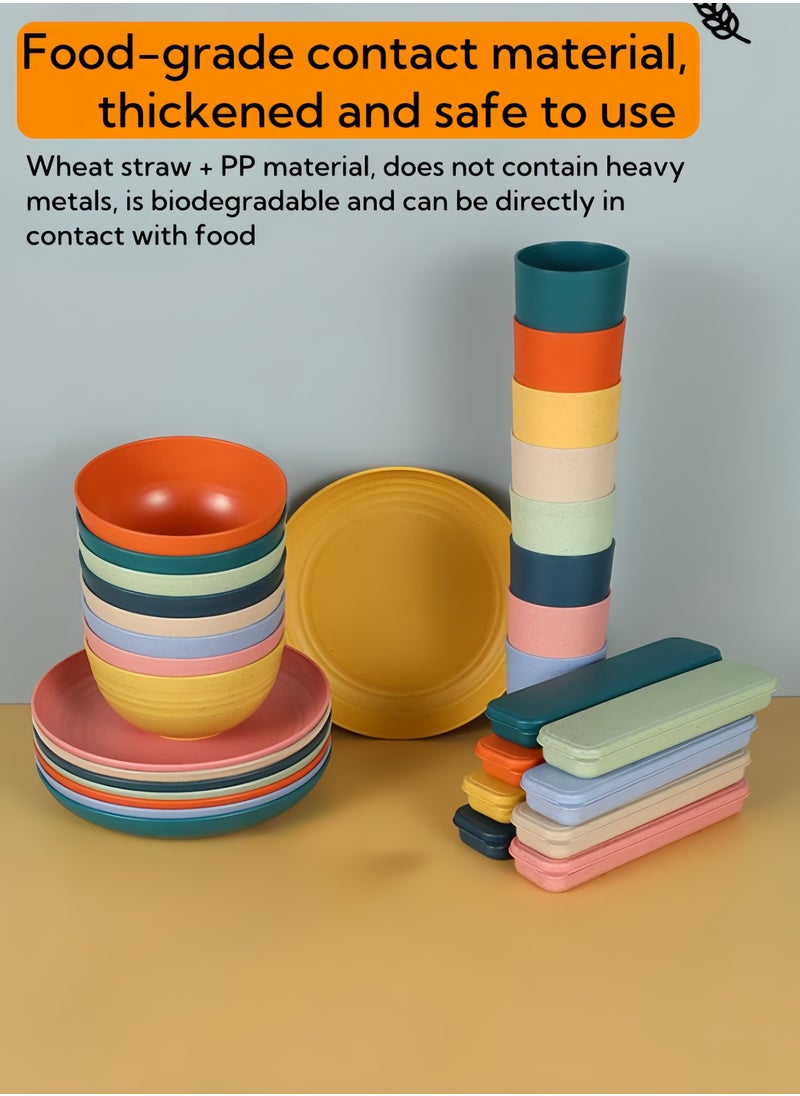 nihao 42-piece Dinner Set, Wheat Straw 6 Inch Bowls, 9 Inch Round Plates, 5.5 Inch Square Plate, 3.15 Inch Cups, Cutlery, Dinnerware Set, Service for 8, Dinner Plates, Dessert Plate, Cereal Bowls, Cups, Unbreakable Colorful Plastic Outdoor Camping Dishes, Coastal Multicolor  - Image 3