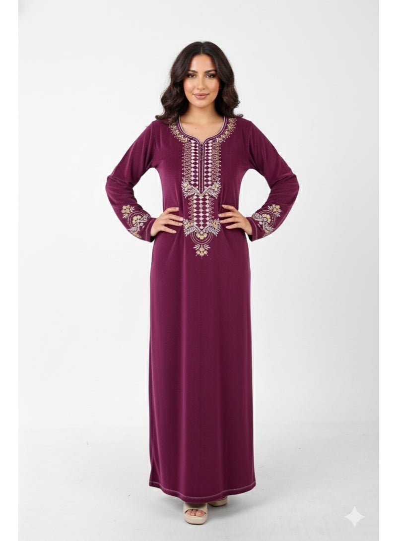 zecotex  Luxury Embroidered Velvet Jalabiya for Women - Moroccan Kaftan Long Sleeve - Maroon/Burgundy - Image 1