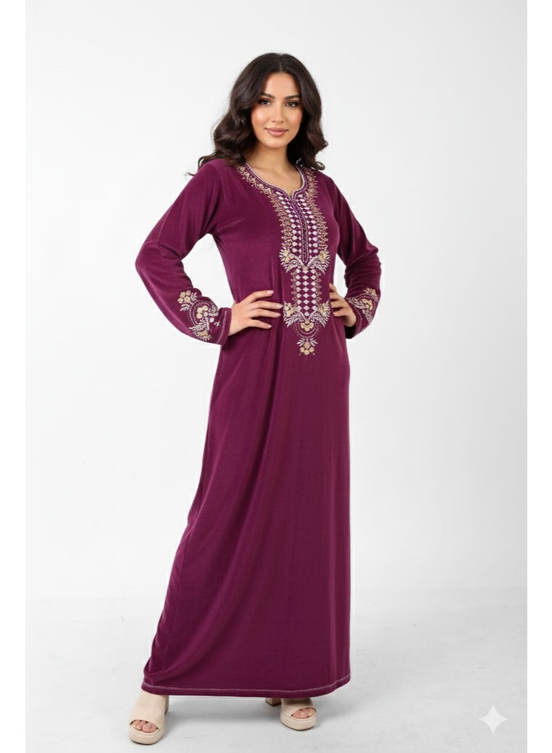 zecotex  Luxury Embroidered Velvet Jalabiya for Women - Moroccan Kaftan Long Sleeve - Maroon/Burgundy - Image 3