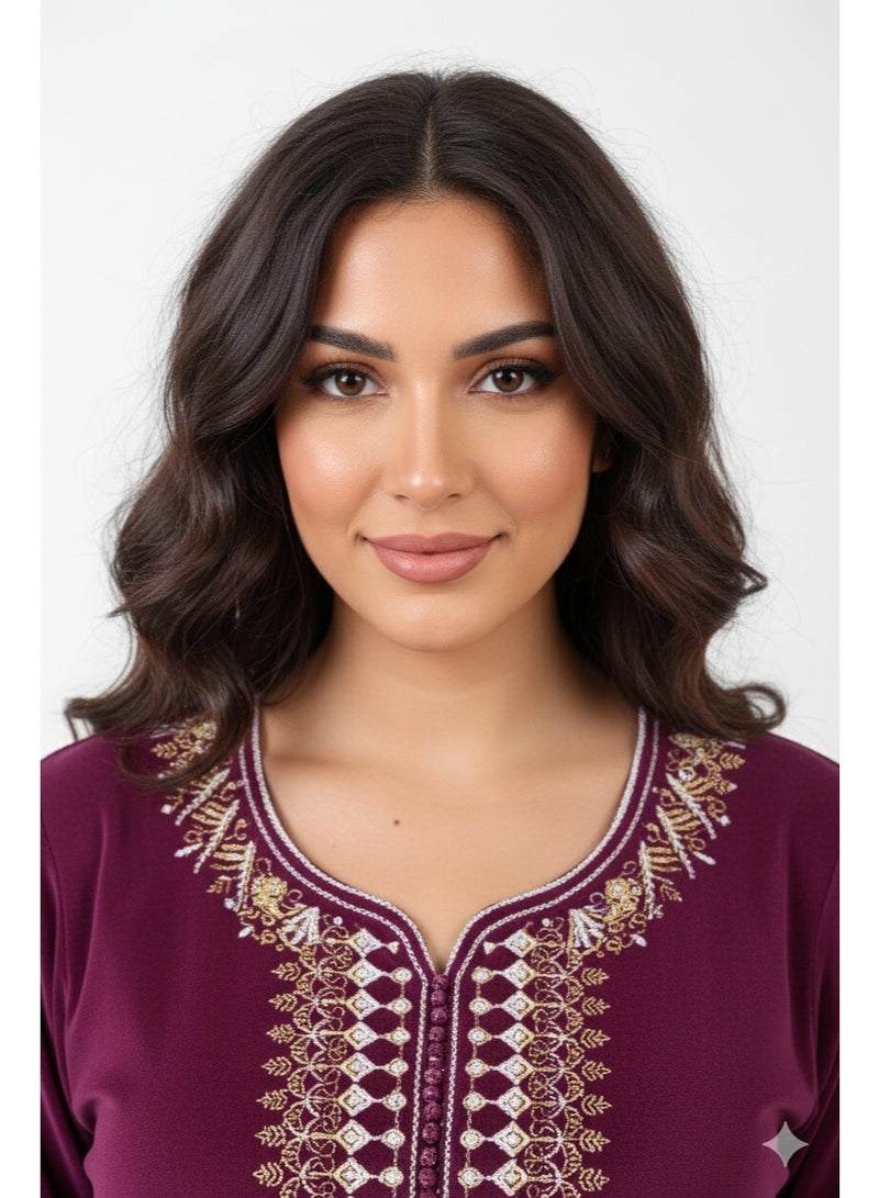 zecotex  Luxury Embroidered Velvet Jalabiya for Women - Moroccan Kaftan Long Sleeve - Maroon/Burgundy - Image 2