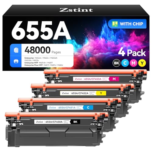 Zstint 655A Toner Cartridge set 4-Pack Replacement for HP 655A CF450A CF451A CF452A CF453A Compatible with HP Color LaserJet Enterprise Flow MFP M681f M682z M652n M653dh Printer Ink Black Cyan Magenta Yellow - Image 1