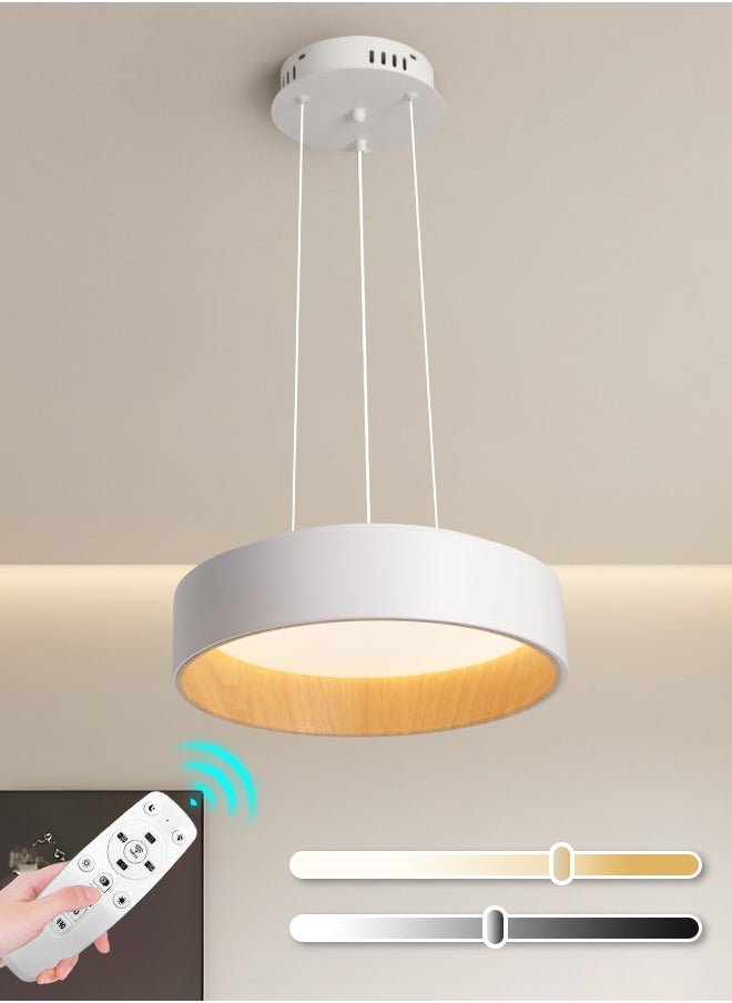 YATAI LIGHTING Modern White and Wood Round LED Chandelier, 24W Dimmable Pendant Light, Adjustable Height with Remote Control for Bedroom, Dining Room, and Living Room  - Image 1