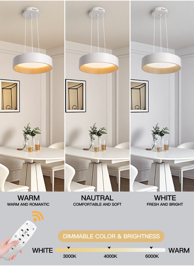 YATAI LIGHTING Modern White and Wood Round LED Chandelier, 24W Dimmable Pendant Light, Adjustable Height with Remote Control for Bedroom, Dining Room, and Living Room  - Image 2
