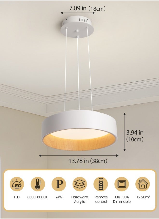 YATAI LIGHTING Modern White and Wood Round LED Chandelier, 24W Dimmable Pendant Light, Adjustable Height with Remote Control for Bedroom, Dining Room, and Living Room  - Image 3